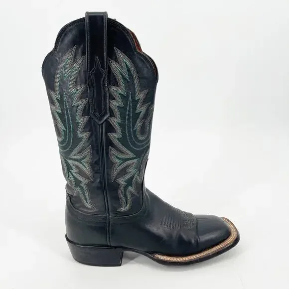 Lucchese Women’s 6 Black Leather Turquoise Stitching Square Toe Western Boots - Picture 2 of 11